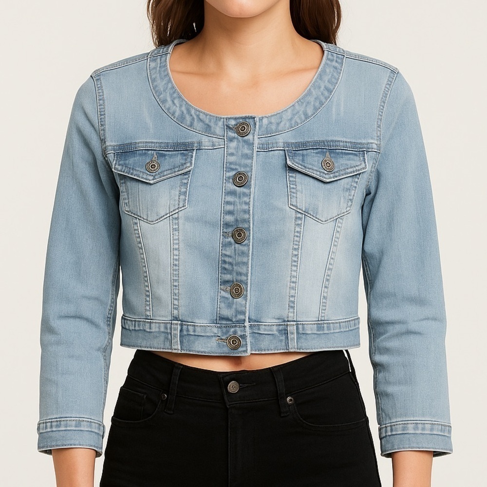 FSMD Cropped Denim Jacket Women’s Small Light Wash Stretch Jean Y2K 90s Trucker